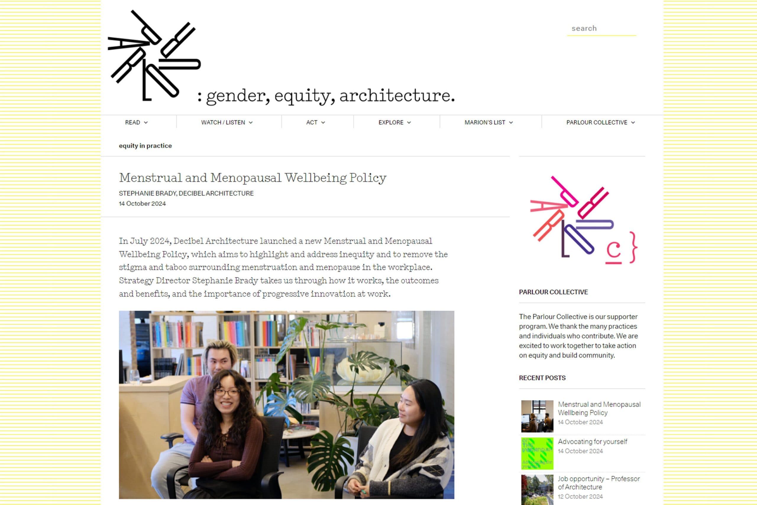 Menstruation and Menopause Wellbeing Policy article by Stephanie Brady of Decibel Architecture on Parlour.